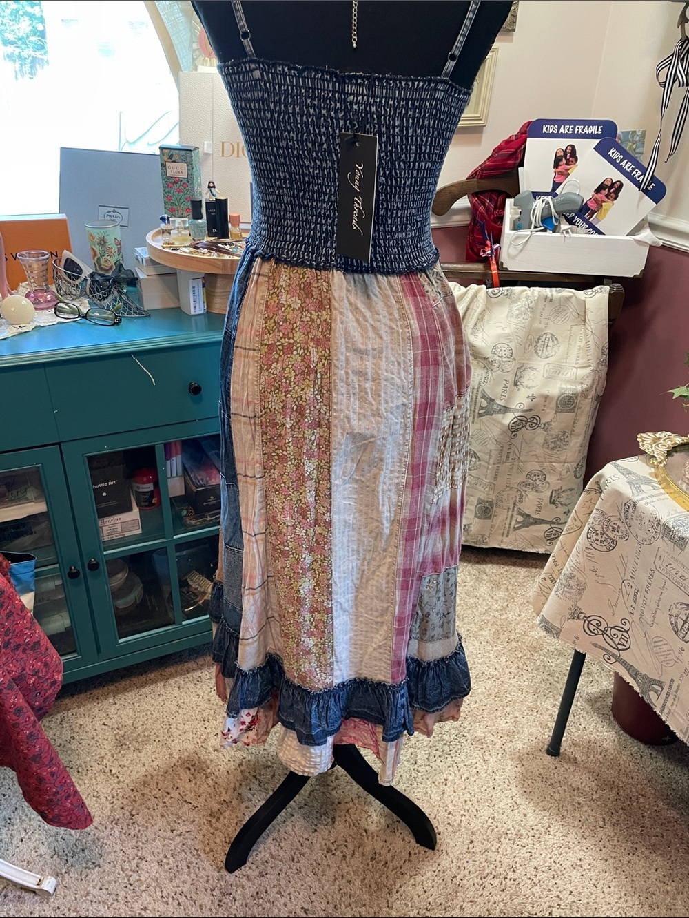 Smocked Denim Bohemian Patchwork Midi Dress in Blue Young Threads - Picture 11 of 17